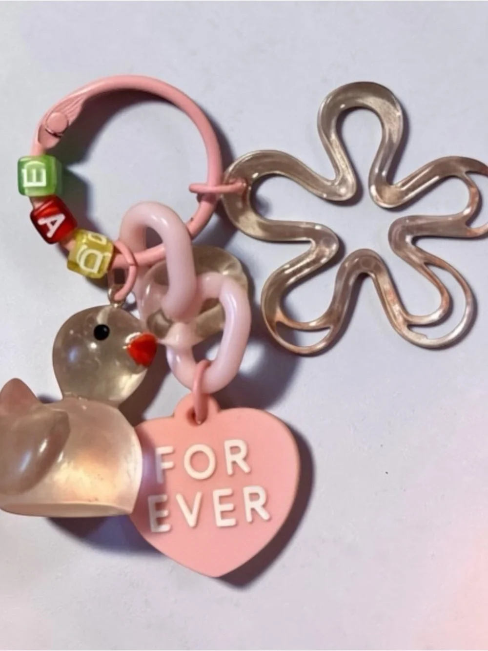Pink Heart & Duck Charm Keyring - 'FOR EVER'